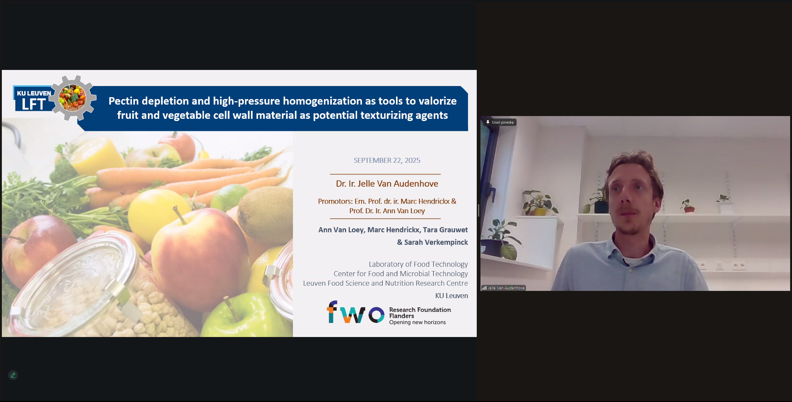 Wykład Pana dr inż. Jelle van Audenhove pt. Pectin depletion and high-pressure homogenization as tools to valorize fruit and vegetable cell wall material as potential texturizing agents